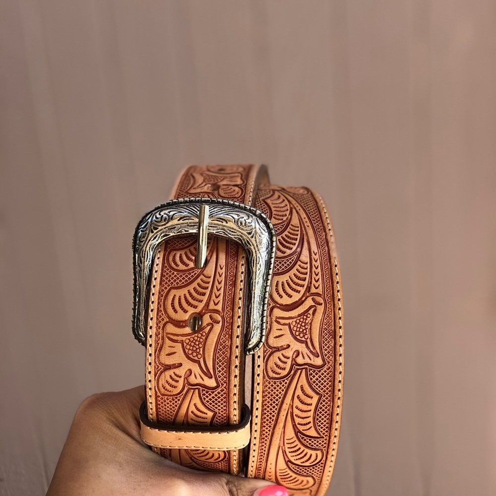 Tooled leather leather belt unisex